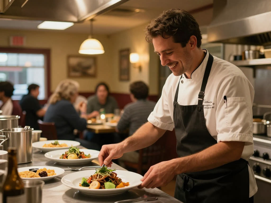 A restaurant owner-chef plating a dish, full dining room behind