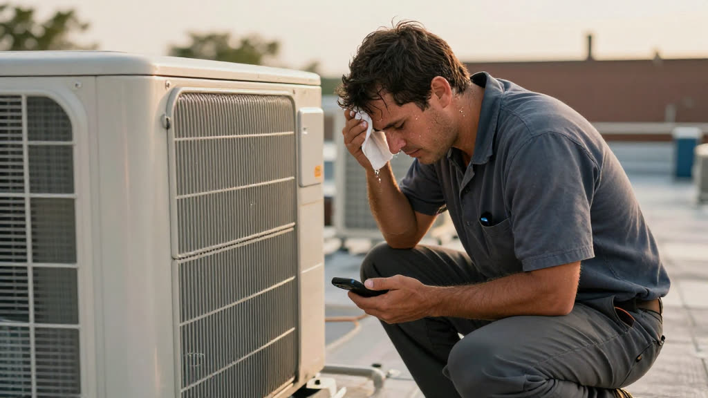 An HVAC technician at work while the phone rings