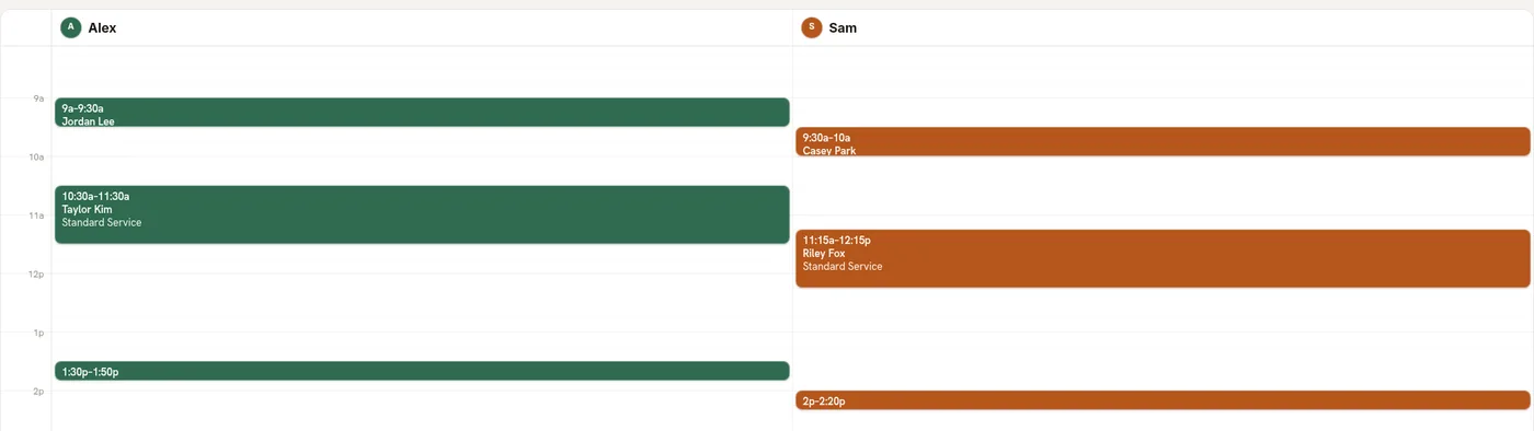 Close-up of the drag-and-drop calendar: appointment blocks with times and customer names in two staff columns