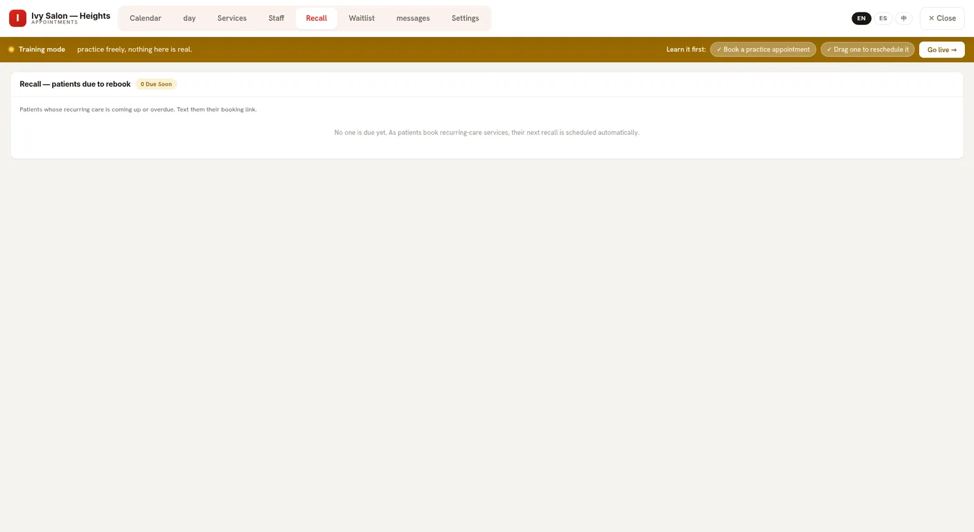 Recall tab listing customers due to rebook with reminder controls