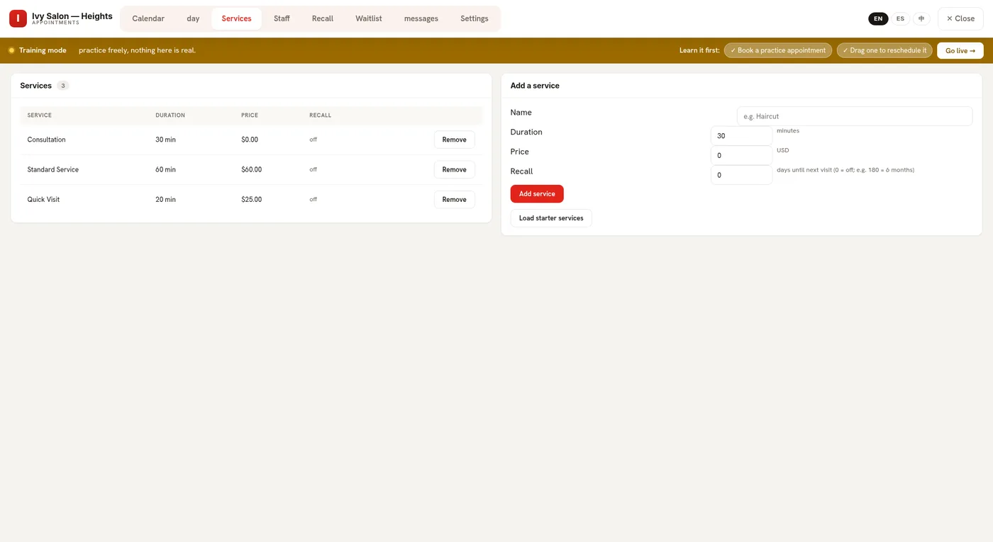 Services tab: each service with duration and price that the AI offers to callers