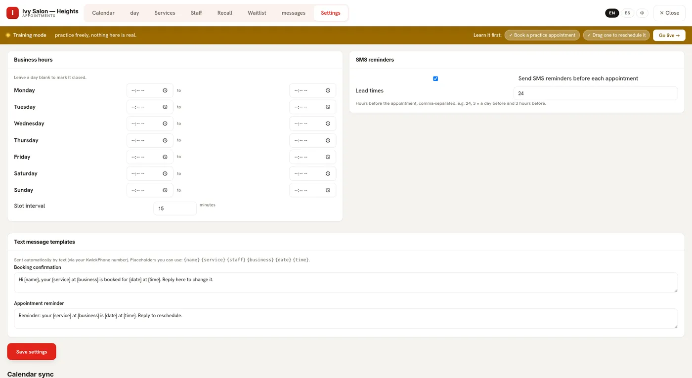 Appointments settings tab: business hours, booking rules and the no-show deposit policy controls