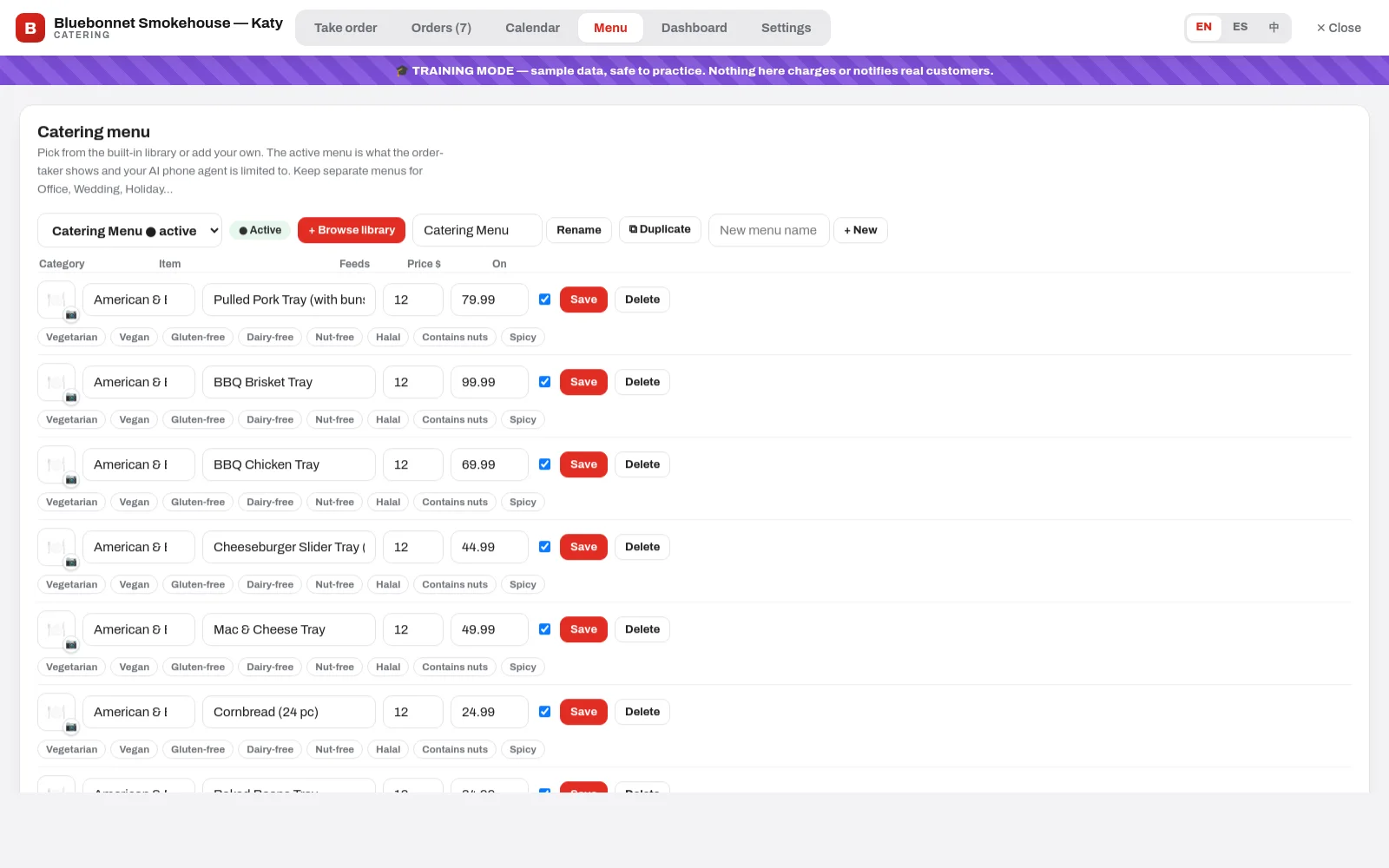 Tray menu builder with feeds-N sizing, prices, dietary tags and the starter library