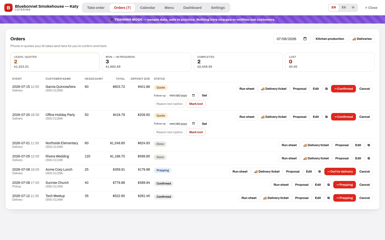 Orders pipeline with event stages, deposits and per-event details