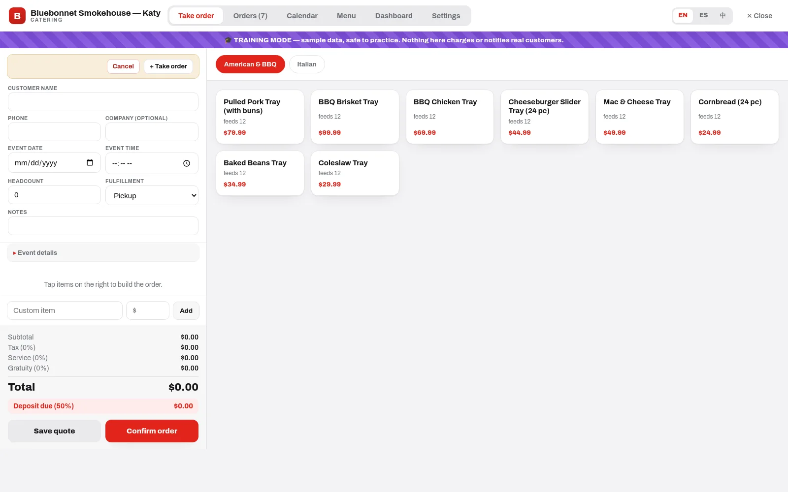 Take order: event details, tap-to-add tray cards by cuisine, live totals with deposit due