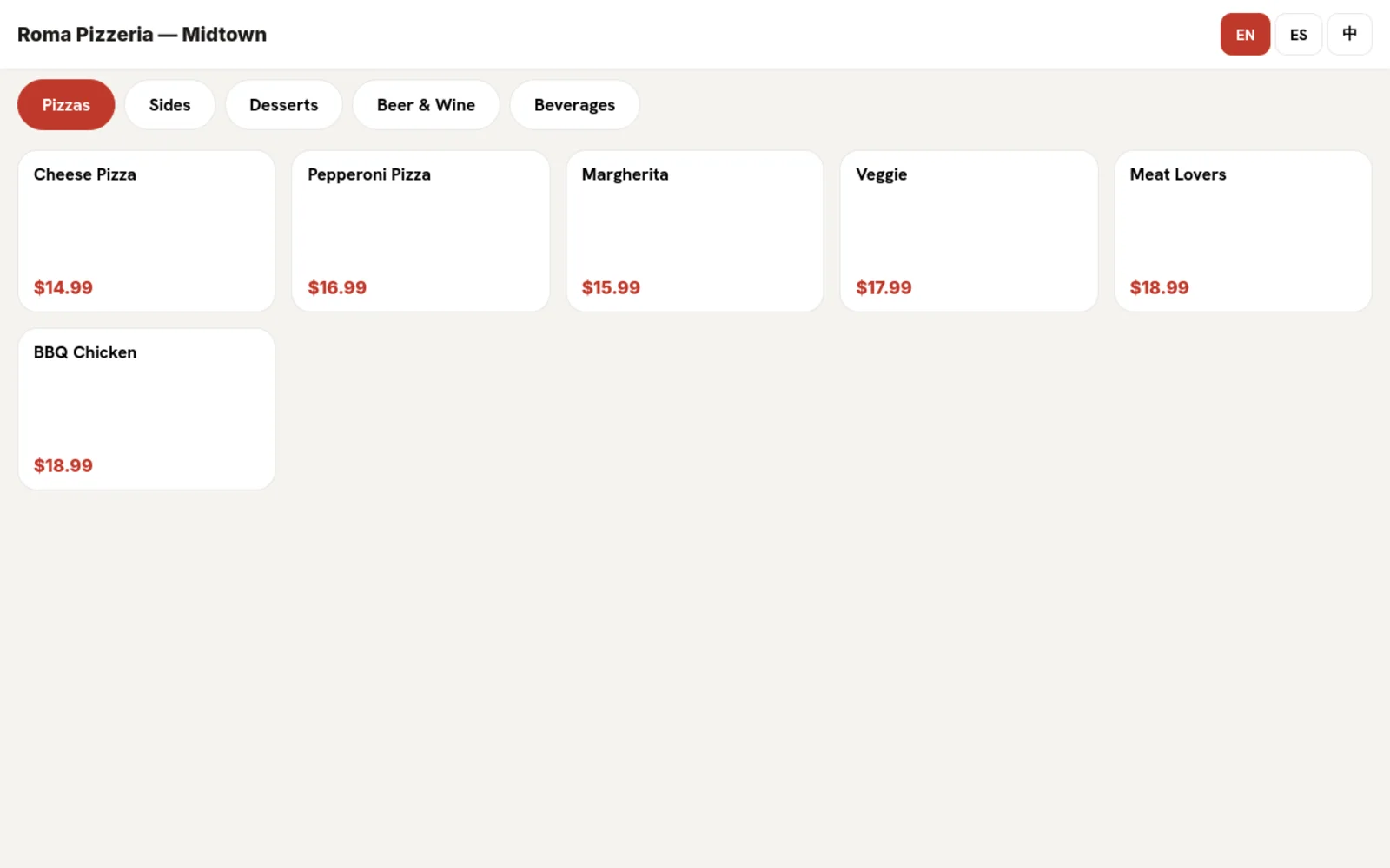 Kiosk ordering screen with photo tiles and EN/ES/中 language toggle