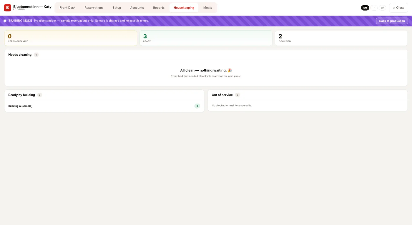 Housekeeping tab: dirty-room worklist ordered oldest-checkout-first with ready counts by zone