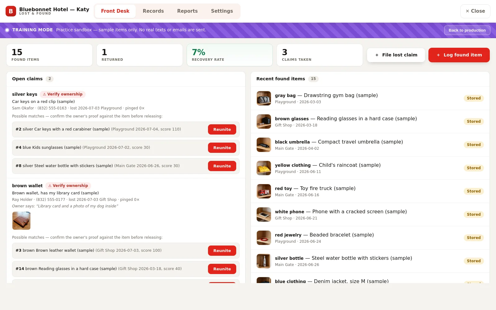 Lost & Found front desk: recovery KPIs, open claims with scored candidate matches and Reunite buttons, recent found items with photos and Stored badges