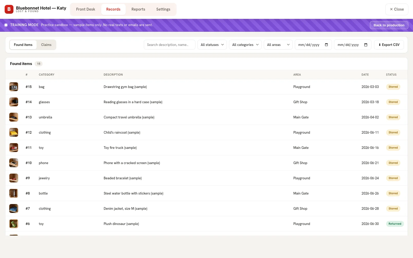 Records tab: filterable, paged ledger of found items with status, category, area and dates