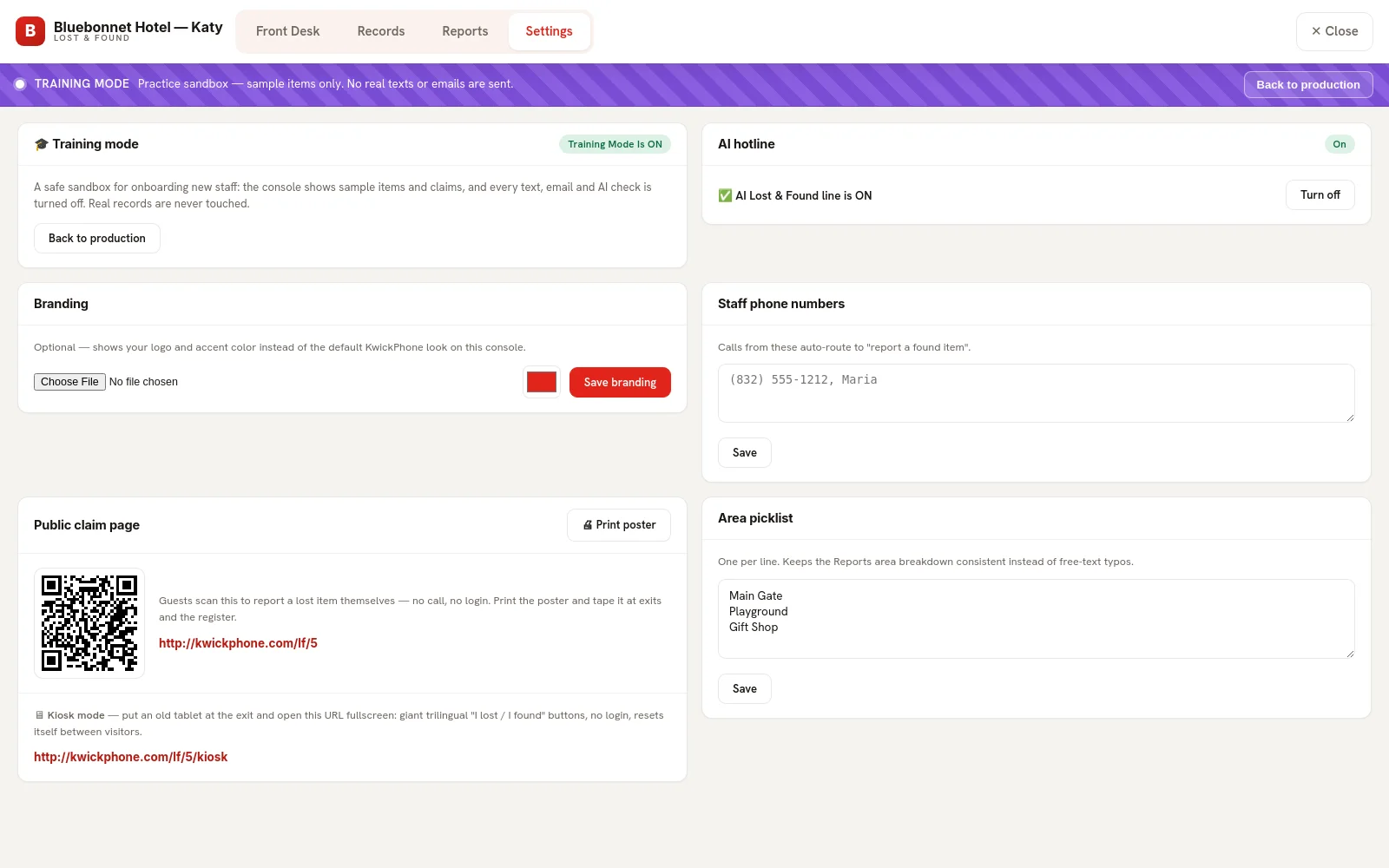 Settings tab: areas, staff numbers, retention windows, public page, email channel and ship-it-home carrier setup