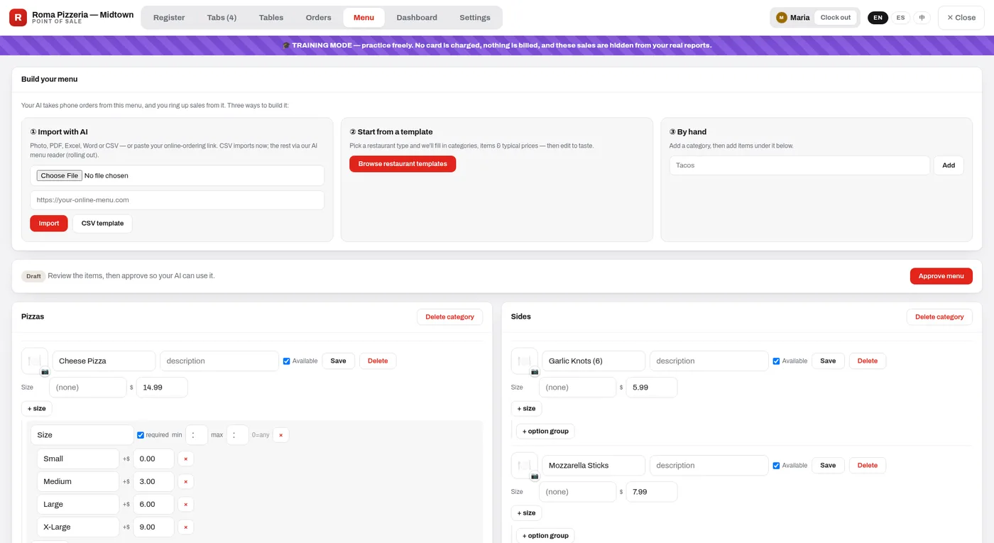Menu builder: categories, items with photo slots, variations and modifier groups