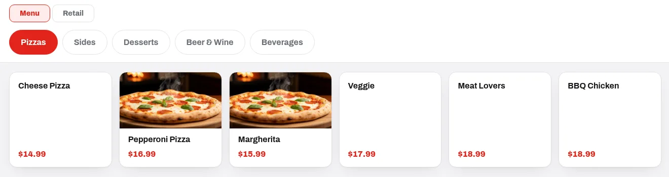 Register tiles: pizza photo tiles beside text tiles with prices, Menu and Retail source toggle