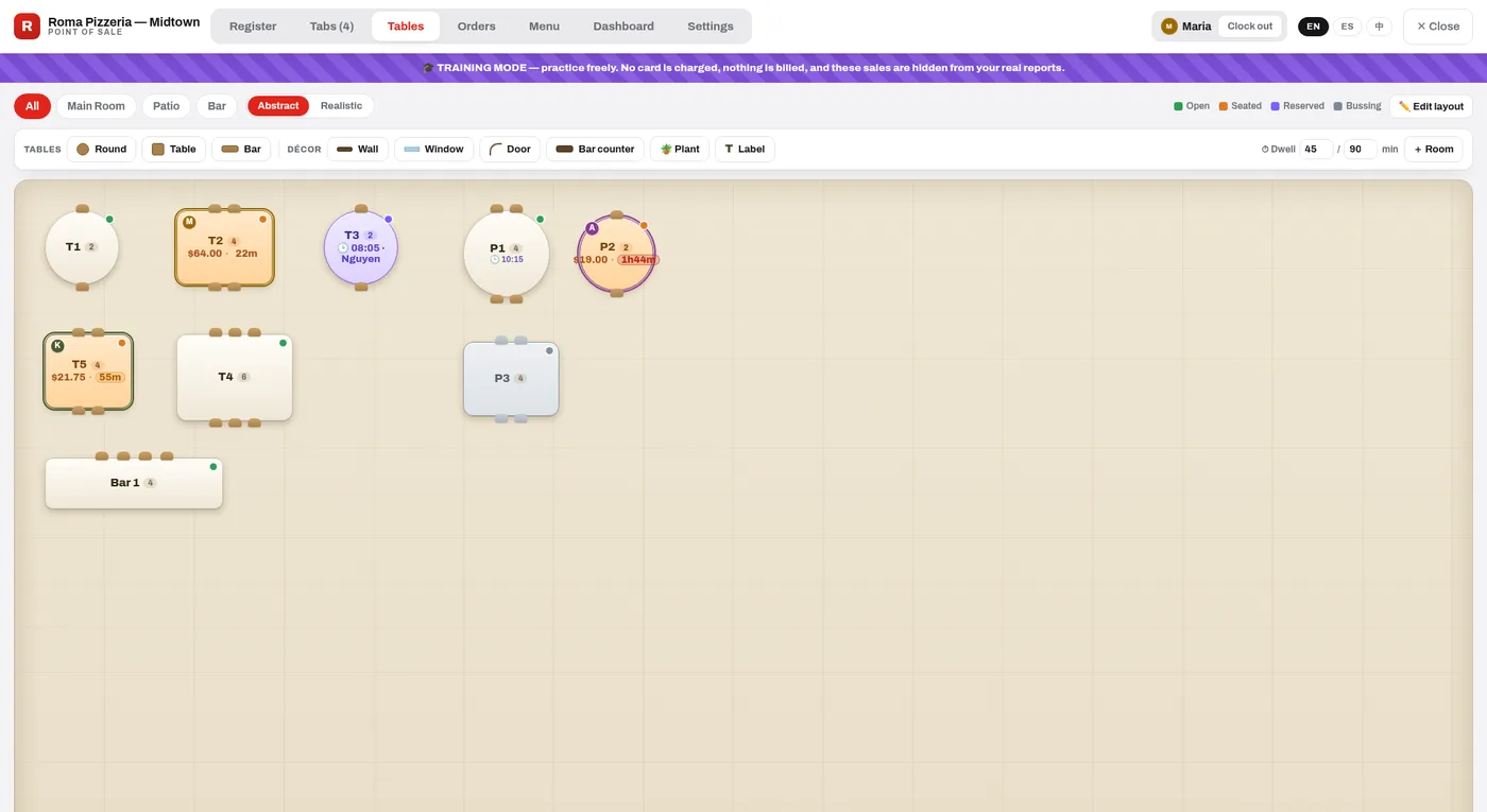 POS Tables view: drag-and-drop floor map with table states across sections