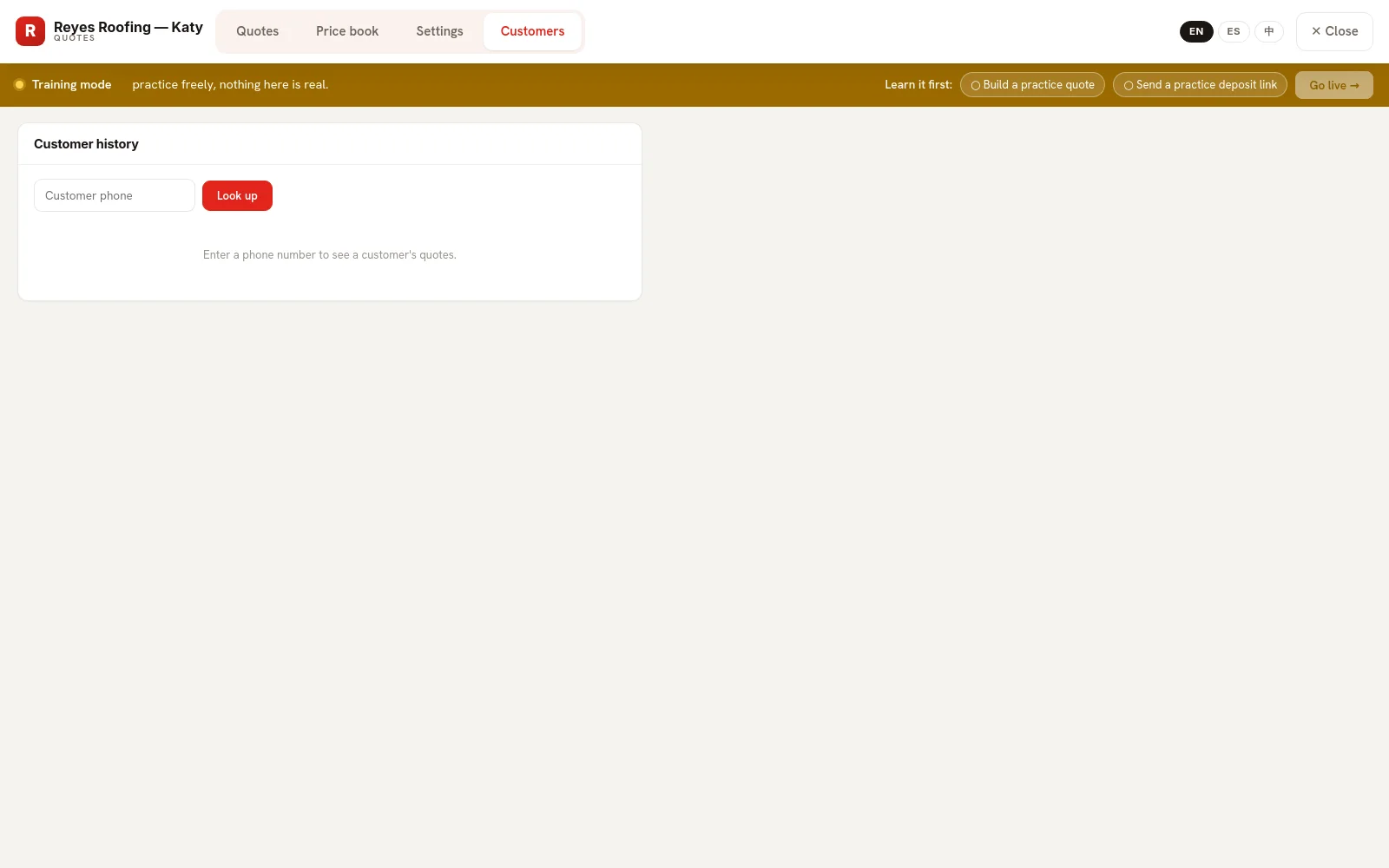 Customers tab: per-phone quote history lookup