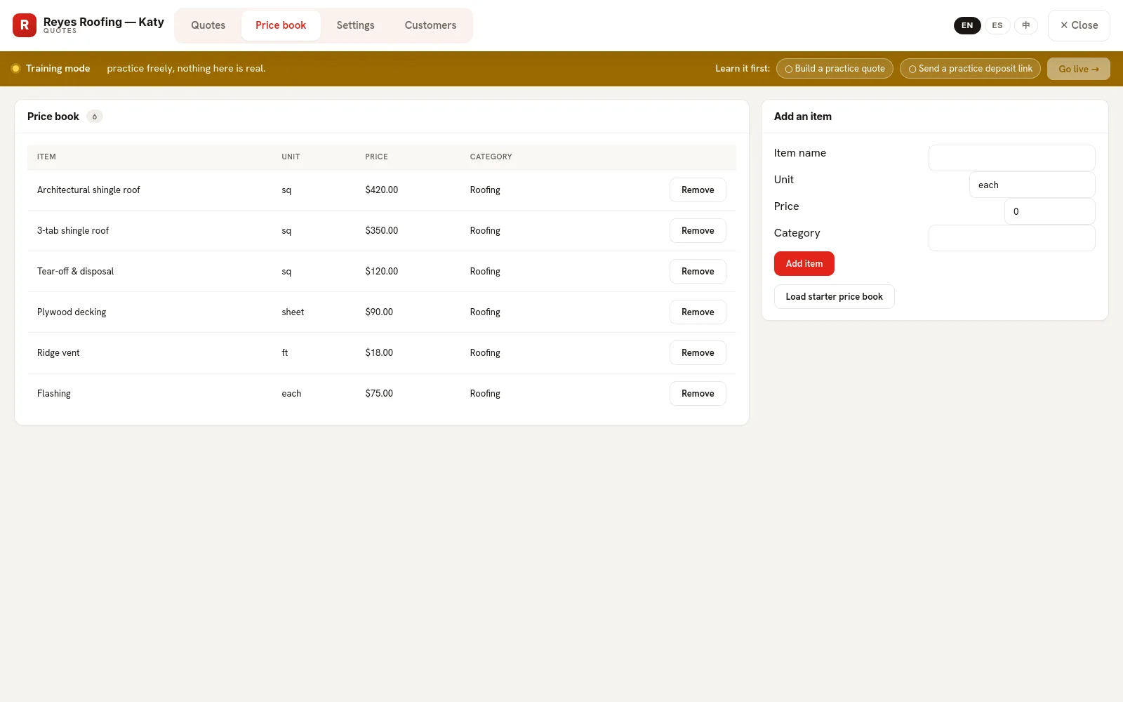 Price book: services with units and prices the AI quotes from