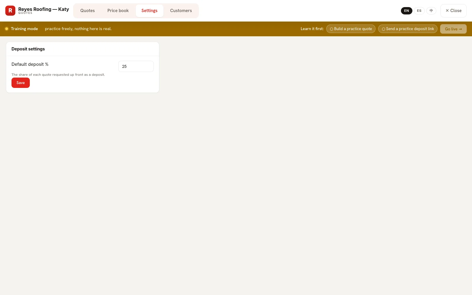 Quotes settings with the default deposit percent