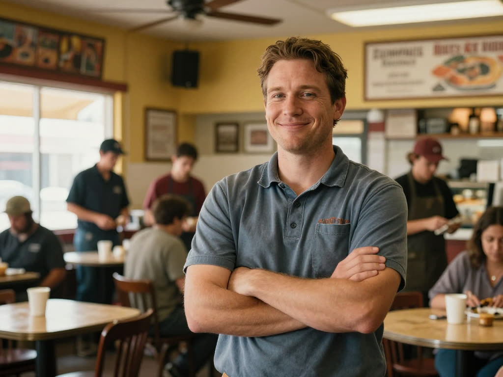 A small-business owner standing calmly in control while KwickPhone handles the phone