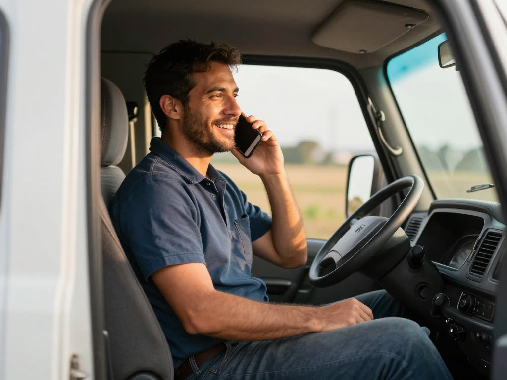 A contractor setting up KwickPhone by talking to it from his work truck