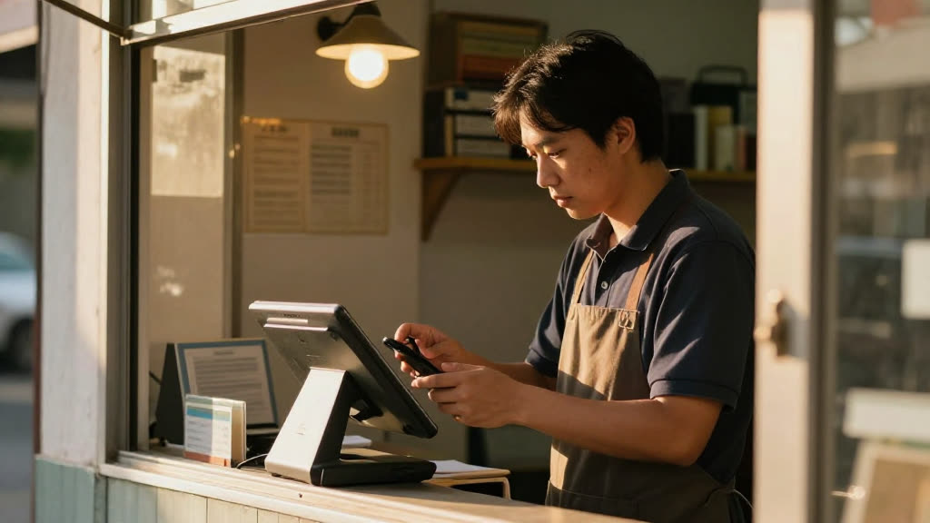 A real talech business taking a call while KwickPhone answers