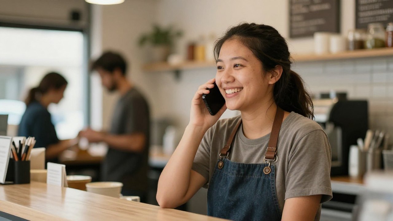 A restaurant owner smiling while KwickPhone answers the phone at the counter