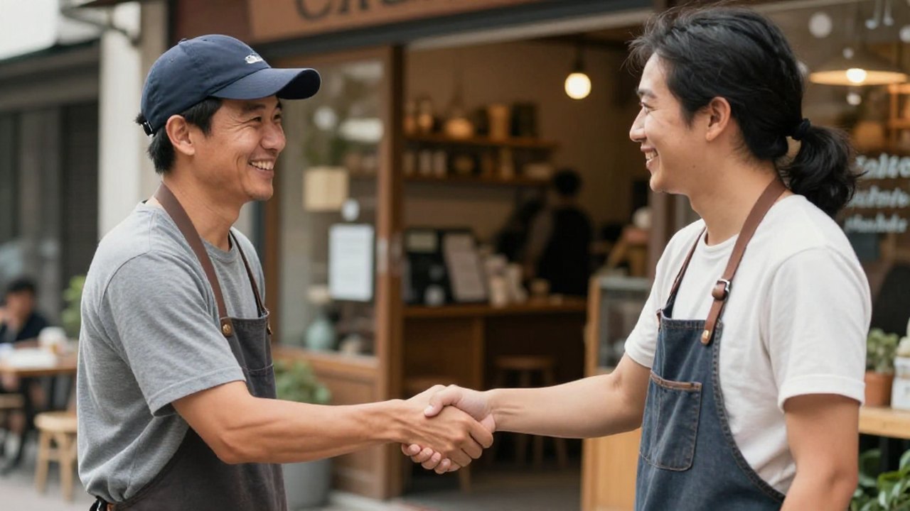 Refer a business to KwickPhone and you both get paid Two local business owners shaking hands — a word-of-mouth KwickPhone referral