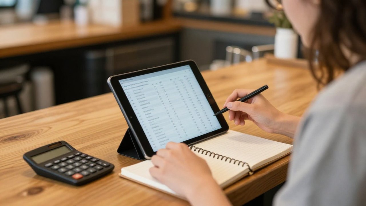 A small-business owner working out phone costs and savings on a tablet