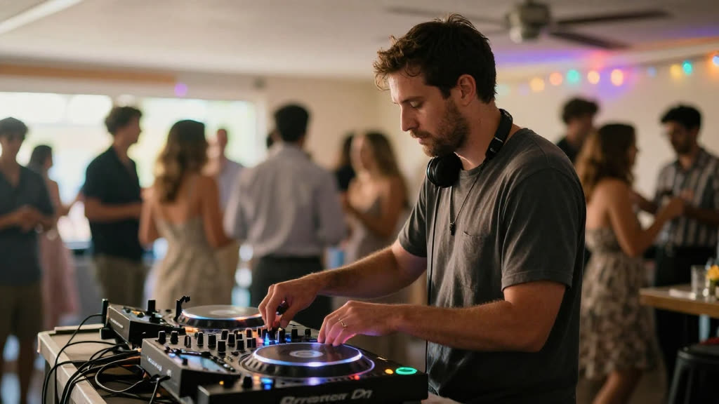 A DJ / Event DJ at work while the phone rings — KwickPhone answers it