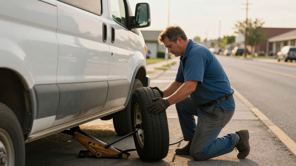 A Mobile Tire Service at work while the phone rings — KwickPhone answers it
